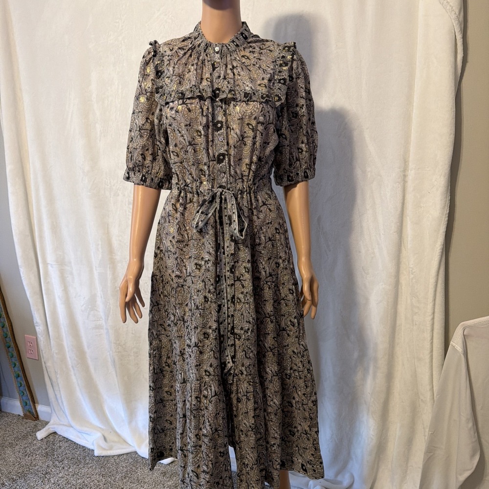 Lola Australia Womens Boho Peasant Ruffled Midi Dress Size S Gray Victorian